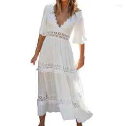 Casual Dresses Women Fashion Lace Backless Dress Stylish Ruffle Sleeve Vacation Beach Wear