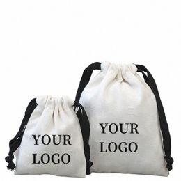 10pcs/lot Customised logo white canvas cott bag with black drawstring gift wedding candy packaging bag storage dustproof bag 18rG#