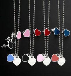 Enamel blue Pink Green Double Heart Jewellery sets Charms Necklace and Earrings Fashion Stainless letters Sun gold Jewellery Tset6821114