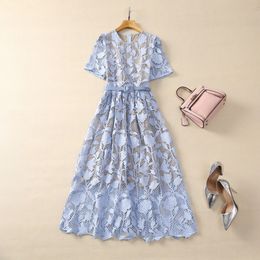 Spring Blue Floral Lace Belted Dress Short Sleeve Round Neck Panelled Midi Casual Dresses S3D121214