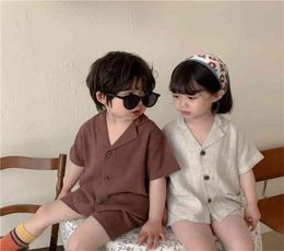 Korean style unisex kids clothes set boys and girls cotton linen short sleeve t shirts shorts 2pcs suit 2108046322371