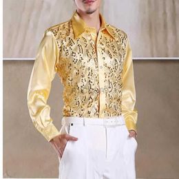 Men's Casual Shirts Shiny Gold Sequin Glitter Long Sleeve Shirt Men 2023 New Fashion Nightclub Party Stage for Chemise Homme 240416