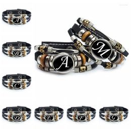 Link Bracelets Artistic Letter A-Z Leather Bracelet 26 Initial Letters Cabochon Glass Adjustable Snap Women Men Trendy Accessory Gift