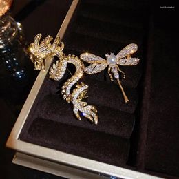 Brooches Minar Chic Shiny Full CZ Zircon Faux Pearl Chinese Dragon Dragonfly For Women Real Gold Plated Copper Brooch