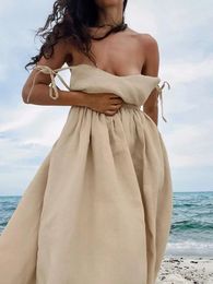 Casual Dresses Fashion Brown Linen Long Dress Women Elegant Lace-Up Pockets A-Line Sexy Backless Beach Style Pleated