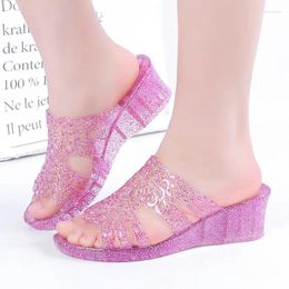 Slippers High Heel 2024 Summer Crystal Clear Plastic Fashion Wedge Mom