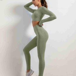 Women's Tracksuits Set of 2 Womens Seamless Yoga Suit with Thumb Holes Long Sleeve Tops Gym Wear Fitness Workout Yoga Wear Leggings Long PantsL2403