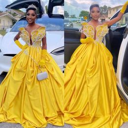 Gorgeous Yellow A Line Prom Dress Black Crystal Beaded Pearls Pageant Evening Elegant Ruched Pleats African Formal Dresses For Women