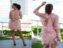 2020 New Gorgeous Feather Short Prom Dresses Pink Long Sleeves Open Back With Bow Evening Gowns Cocktail Party Dresses For Special4996049