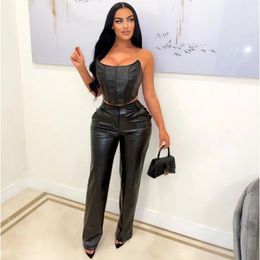 Women's Two Piece Pants Leather 2 Sets Women Outfit 2024 Sleeveless Zipper Strapless Crop Top And Wide Leg Suit Birthday Night Club Outfits