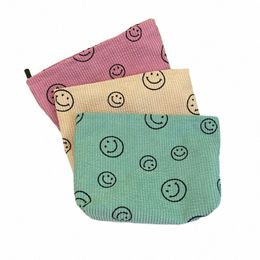 women Girls Corduroy Smile Face Printed Makeup Pouch Cosmetic Bag for Travel Daily Use w0Ly#