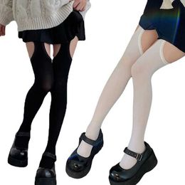 Sexy Socks Womens Sexy Side Cutout Holes Suspender Pantyhose Harajuku Lace Trim Fake Garter Belt Stockings Tights 37JB 240416