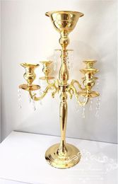 30quot Tall Gold Arm Shiny Metal Candelabra Chandelier with Hanging Crystals Votive Candle Holder Wedding Centerpiece4800848