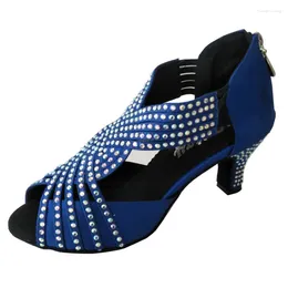 Dance Shoes Women's Customized Heel Lady Girl Open Toe Ballroom Royal Blue Latin Salsa Party Socials Dancing Sandals With Rhinestones