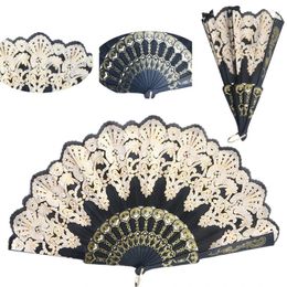 Decorative Figurines Black Spanish Style Wedding Lace Silk Folding Hand Held Flower Fan