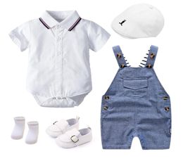 Newborn Boy Summer Clothes Set Cotton Kids Birthday Dress White Infant Outfit Hat Romper Overall Socks 5 PCS8302334