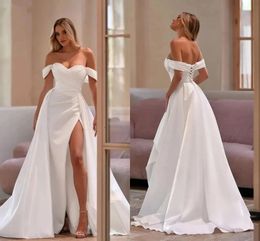 Sexy Off The Shoulder Mermaid Wedding Dresses With Detachable Train Modern White Satin Pleated Bridal Gowns Thigh Split Bride Marriage Robes de Mariee CL3274