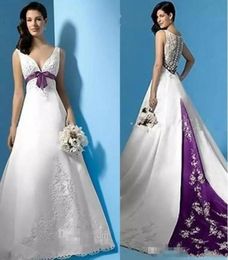 Plus Size White and Purple Wedding Dresses Long A Line Empire Waist VNeck Beads Appliques Satin Sweep Train Bridal Gowns Custom M2077987
