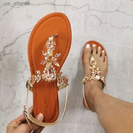 Sandals 2024 Trendy Summer Womens Shoes Large Size Beautiful Crystal Shiny Flat with Female Bohemia Back Strap Footwear H240416