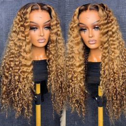 Glueless 13X4 Water Wave Frontal Wig Highlight Honey Blonde Brown Curly Human Hair Pre Plucked Synthetic Lace Wigs for Women