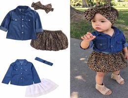 Ins Kids girl clothing sets denim T shirt leopard short headband sets little girl t shirt clothing set style pleuche sets7833216