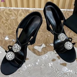 Dress Shoes Baeromad Fashion Runway Summer Black Elegant Thin High Heeled Women's Open Toe Round Heavy Diamond Ankle Strap