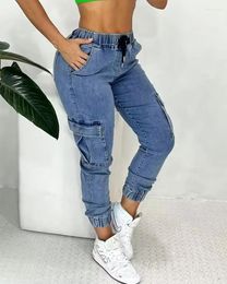 Women's Jeans 2024 Pants Elastic Waistband Drawstring Ankle Pocket Stitching Slim Fitting For Women