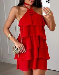 Casual Dresses Woman Ruffles Layered Mini Dress Rose Detail Halter Summer Fashion Sexy Sleeveless Daily Vacation Tiered Ladies For Party