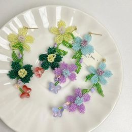 Dangle Earrings Two-color Beaded Flower Pure Hand-woven Elegant