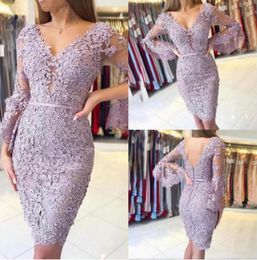 Elegant Beaded Party Cocktail Dresses Short Above Knee Women Party Dress Poet Sleeves Sheath Lace Appliques Formal Gown4812587