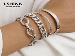 Charm Bracelets JShine 4PcsSet Vintage Thick Iron Cuban Link Chain Set For Women Stacked Fashion Bracelet Bangles Punk Hand Jewel1714236