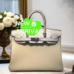 Designer Himalaya Crocodile Handbag Tote Bags Milk Shake White Mix Touch Platinum 30cm Womens Second-hand Tote Bag with Skin All Handmade WN-1JTE