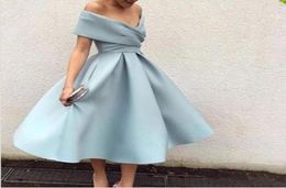2019 New Arrival Light Blue Cocktail Dress Off The Shoulder Tea Length Short Party Prom Dresses High Quality Homecoming Dresses Fo4658899
