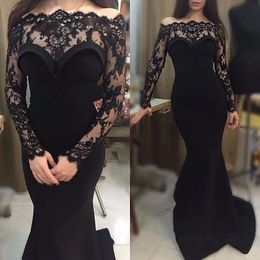 Sexy Black Velvet Mermaid Evening Dresses Bateau Neck Long Sleeves Lace Elegant Formal Party Prom Gowns 2024 Women Special Occasion Dress