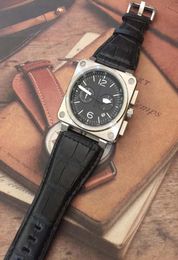New Style Fashion Style Quartz Chronograph Squar Black Dial 46MM Watch Watches Black Leather Strap Mens Wristwatches9401715