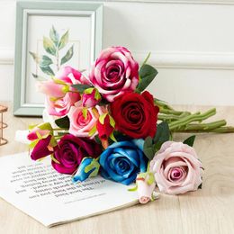 Decorative Flowers 42cm Real Touch Rose Artificial 2 Heads Flannel Fake Plants For Home Wedding Christmas Party Decoration Supplies