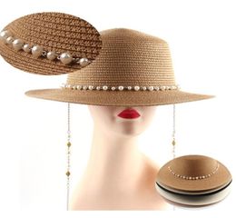 Stingy Brim Hats Straw Hat Female British Pearl Fashion Party Flat Top Chain Strap And Pin Fedoras For Woman A Streetstyle Shooti6681343