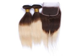 Ombre Brown Blonde Brazilian Hair With Closure Straight Human Hair Two Tone 4Pcs Lot Omber 613 Blonde Hair Extensions With Lace Cl8088239