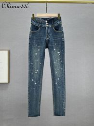 Women's Jeans Denim Trousers 2024 Autumn Fashion Stretch High Waist Slim Elegant European Goods Rhinestone Pencil Pants