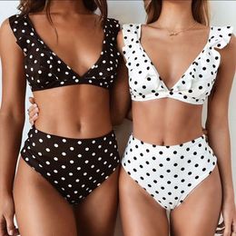 2024 Ruffle Edge Deep V Bikini Black and White Wave Dot Printed Sexy Swimsuit F41622