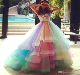 Rainbow Prom Dresses Ball gown 2020 Sweetheart Tiered Tulle Colourful Prom Sweet 16 Party Dress with Flowers Quinceanera Dress Even8594195