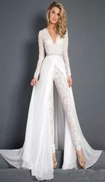 Designer Lace Wedding Dresses Jumpsuit With Train Vneck Long Sleeves Beaded Belt Flwy Skirt Beach Casual Jumpsuit Bridal Gowns6381442