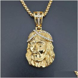 Pendant Necklaces Hip Hop Necklace 14K Yellow Gold Iced Out Chains Cross Jesus Head For Men/Women Gifts Drop Delivery Jewellery Pendants Dhtom