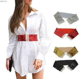 Waist Chain Belts Sequin Elastic Glitter Belt Womens Corset Wide Waist Belt Metal Buckle Waistband Decorative Corset Strap Party Dress AccessorieL240416