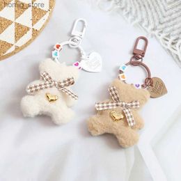 Plush Keychains Cute Checked Bow Love Heart Plush Bear Keychain Pendant For Women Handbag Earphone Case Accessories Y240415