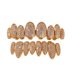 Iced Out 14K Gold Grills Crystal Teeth Top Bottom Diamond Grillz Hip Hop Bling Cubic Zircon Rapper Body Jewelry9138646