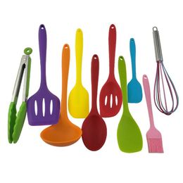 10Pcs Silicone Kitchen Utensils Cooking Wooden Handle Non Stick Pot Kitchenware Set Storage Bucket Silicone Cake Tools Utensils