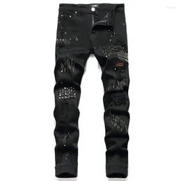 Men's Jeans Punk Style Ripped Embroidery Rivet Patchwork Denim Pants Streetwear Y2k Slim Stretch Pencil Trousers Male