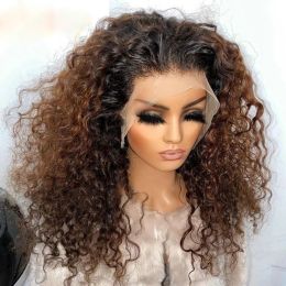 Ombre Brown Mogolian Hiar 13x4 Curly Transparet Lace Front Wigs for Women 250% Density Deep Curly Simulation Human Hair Glueless Wig Ready To Wear