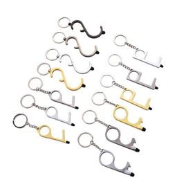 13 styles Metal Safety Touchless Press Elevator Tool Whole Key Hook Hands Door Handle Opener Tool Key Chain Keyring9604424